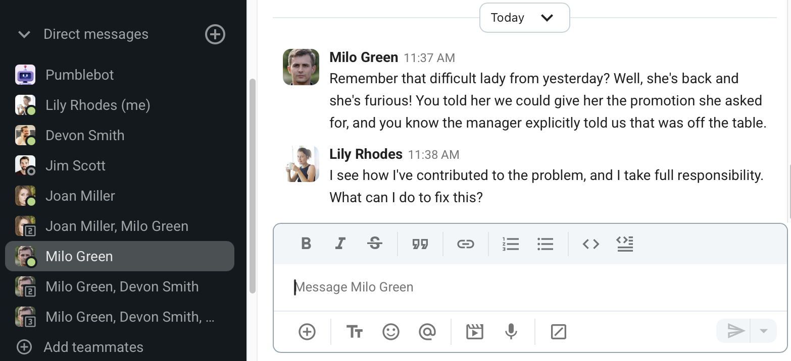 A customer support agent taking responsibility for a problem she caused, shown in a conversation in Pumble, a team communication app