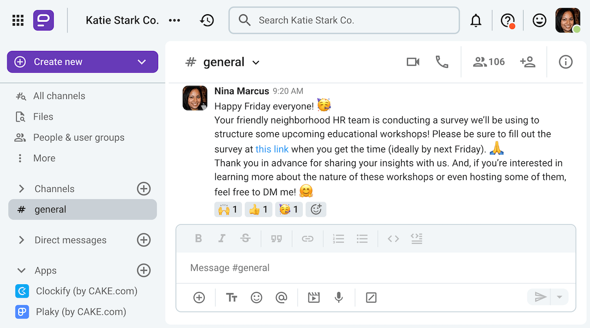 An HR employee shares an employee survey on Pumble, a team communication app