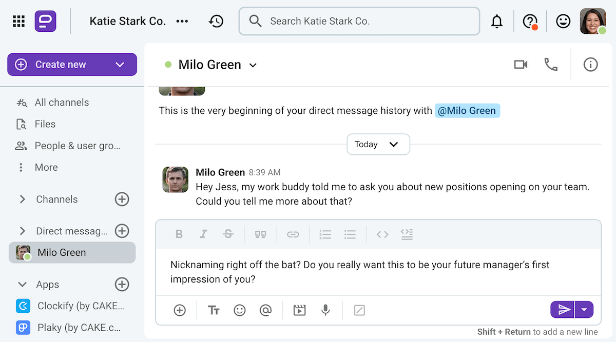 An employee disregards hierarchal etiquette when formulating his message on Pumble, a team communication app
