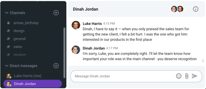 An employee respectfully letting the manager know her actions caused him harm (business messaging app Pumble)