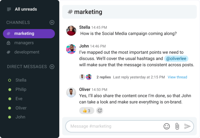 An example of collaborative leadership in action in a marketing team (business messaging app Pumble)