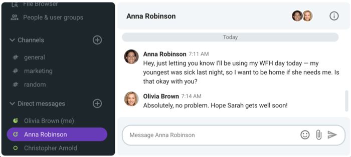 An office-first employee asking her manager for a remote day (Pumble business messaging app)
