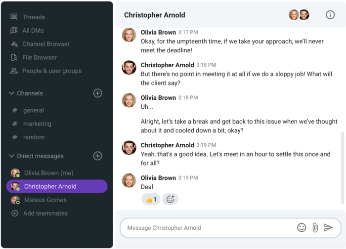 Colleagues deciding to take a breather and avoid conflict escalation (business messaging app Pumble)