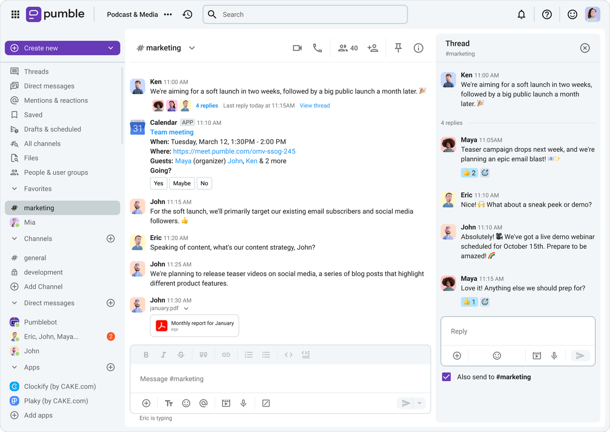 Communicating and exchanging information in real time in a Pumble channel