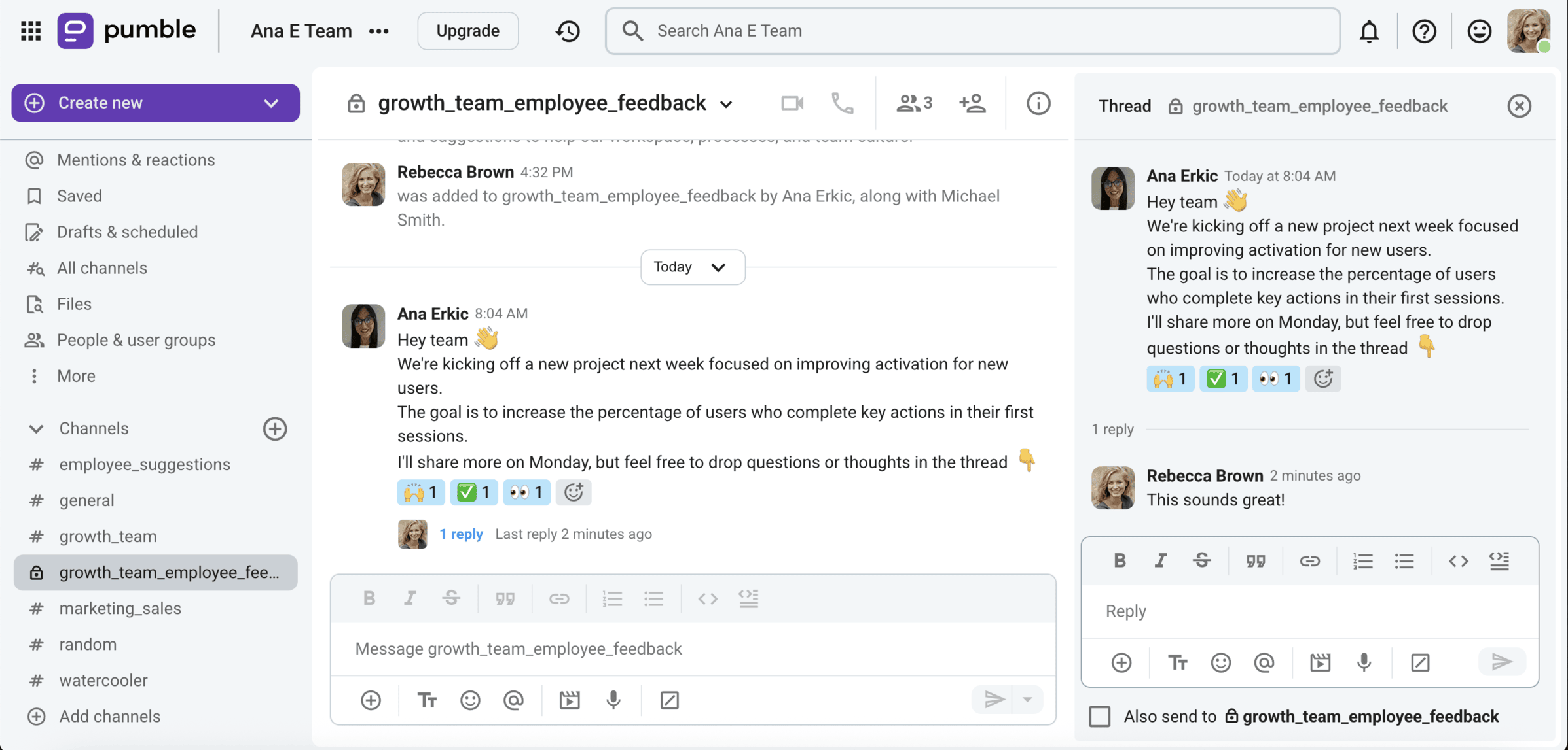 Contextual feedback in threads in Pumble, a team collaboration app