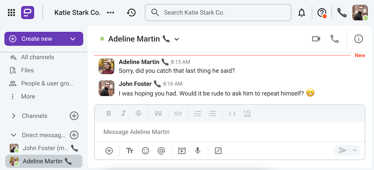 Coworkers discussing missing an important piece of information during a meeting on Pumble, a business messaging app