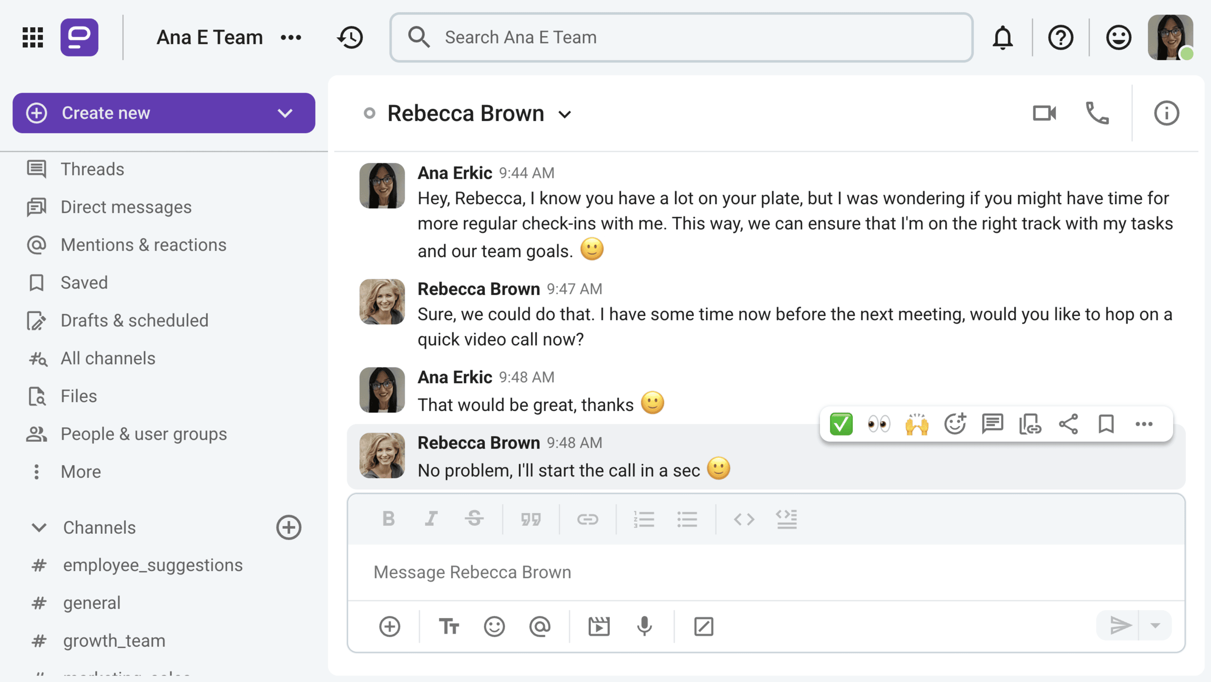 Example of upward communication in Pumble, a team messaging app