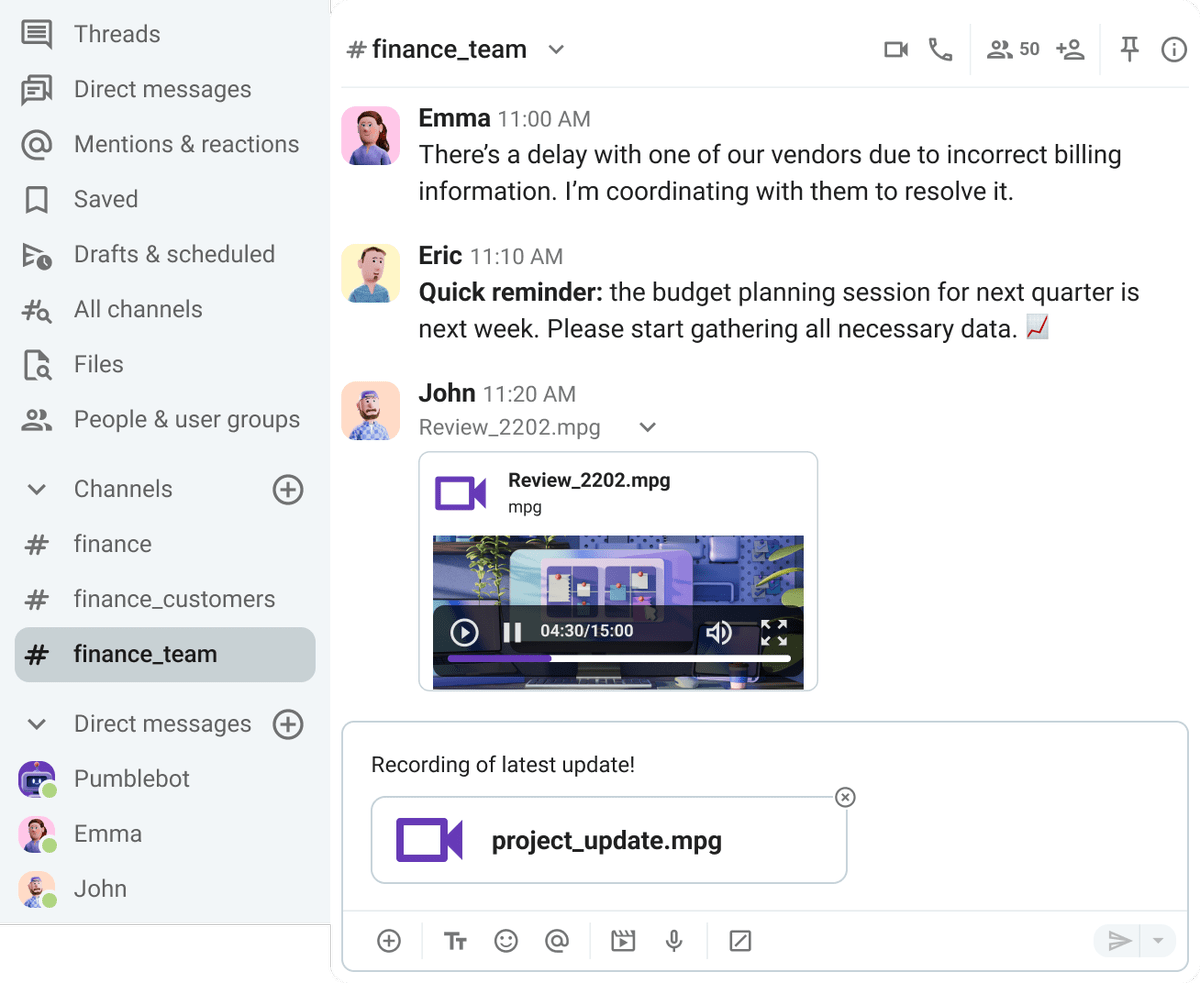 Hold your daily sync meetings via Pumble channels, threads, and voice and video messages