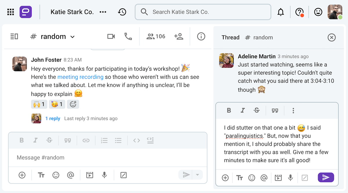 John decides that sharing a transcript along with the meeting recording will be helpful on Pumble, a business messaging app-min