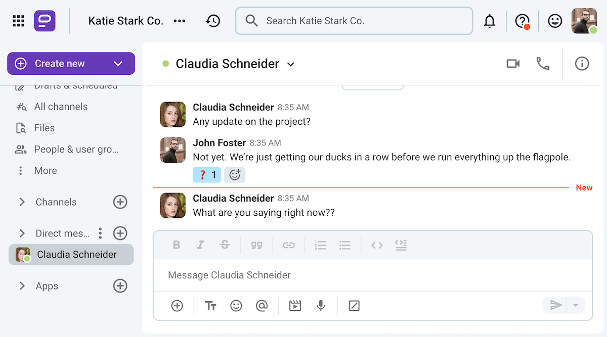 John’s use of slang confuses Claudia on Pumble, a team communication app