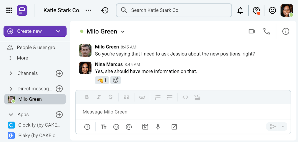 Milo asks a clarifying question on Pumble, a team communication app