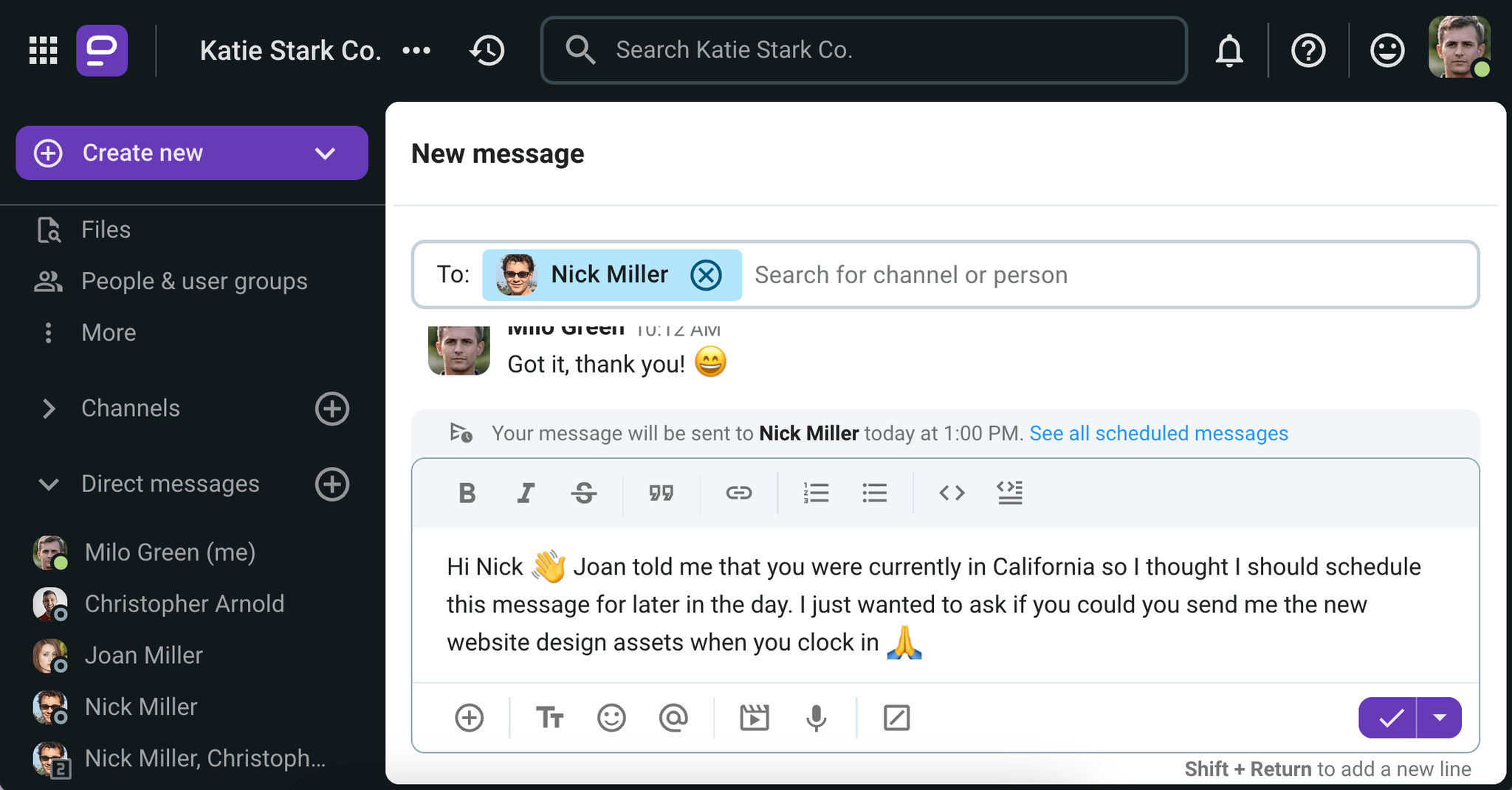 Milo schedules a message to a West Coast colleague on Pumble, a team communication app
