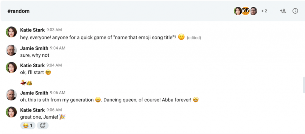 Example of “Name That Emoji Song Title” played in Pumble
