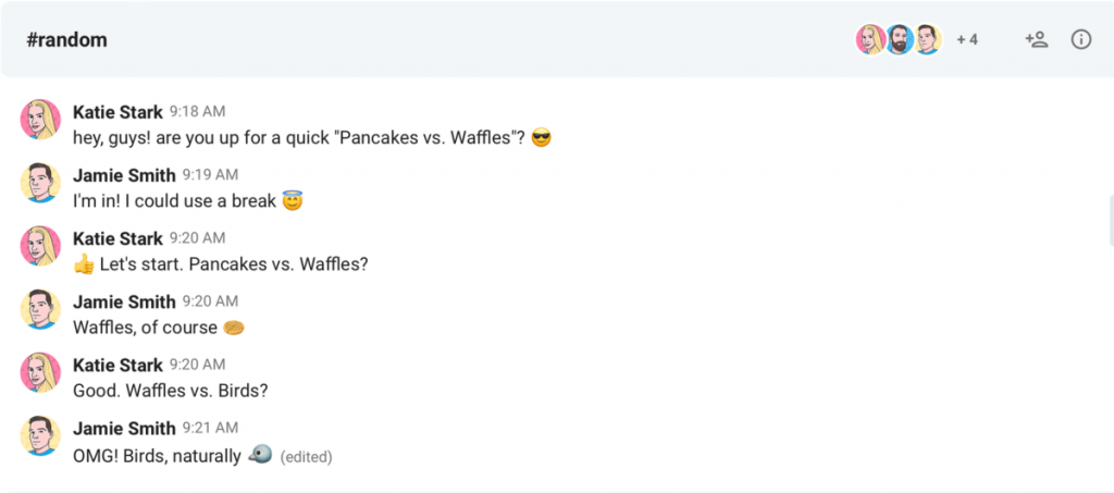 Example of “Pancakes vs. Waffles” played in Pumble