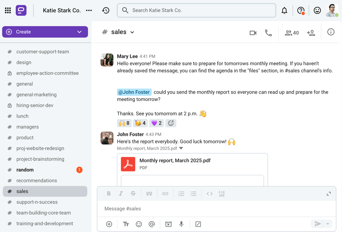 Pumble channels make information and discussions accessible to the entire team or department