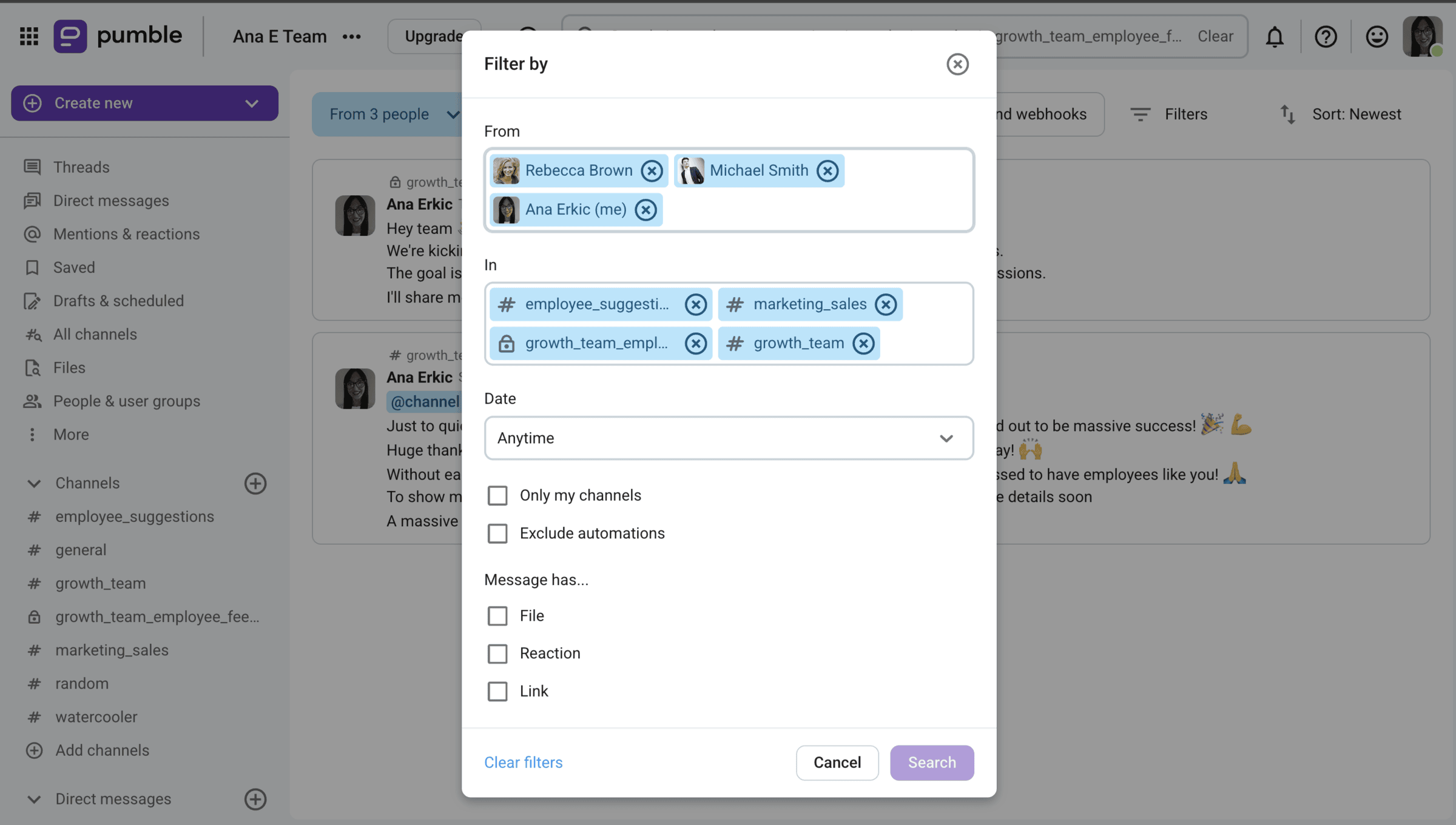 Pumble lets you find messages, channels, files, or people in a single, quick search