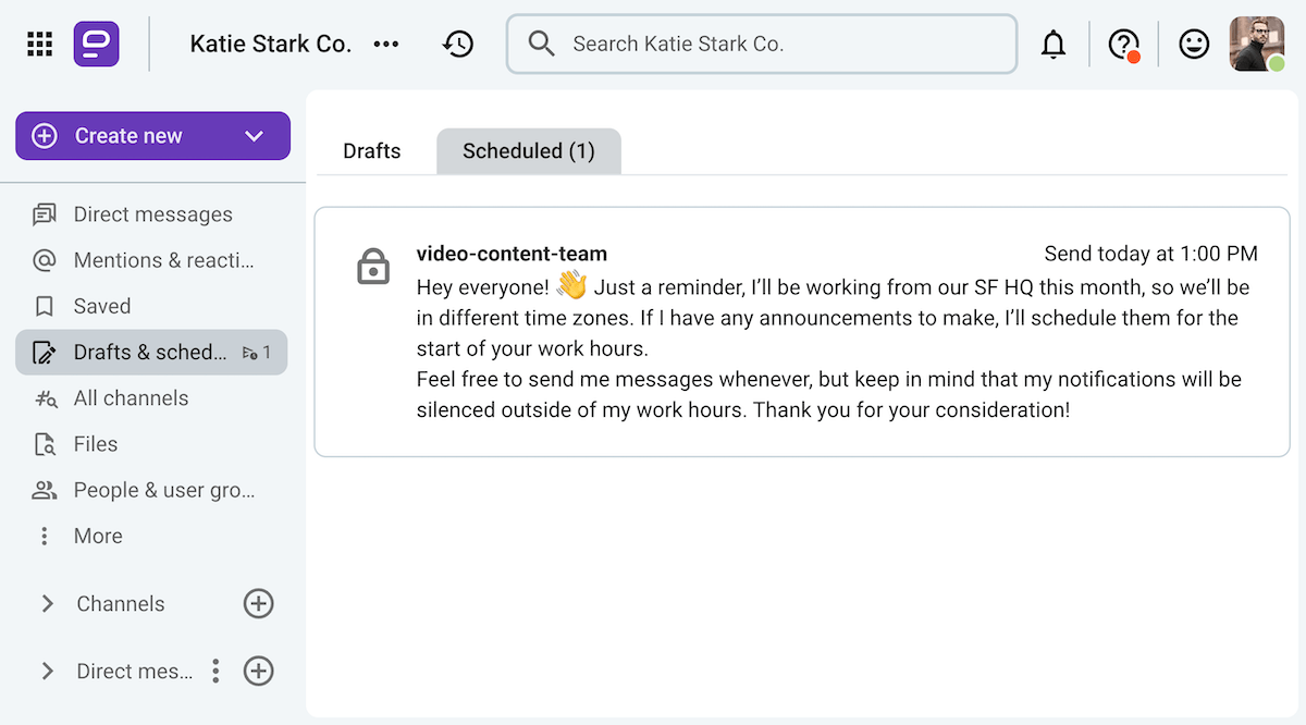 Scheduling a message in a channel on Pumble, a team communication app