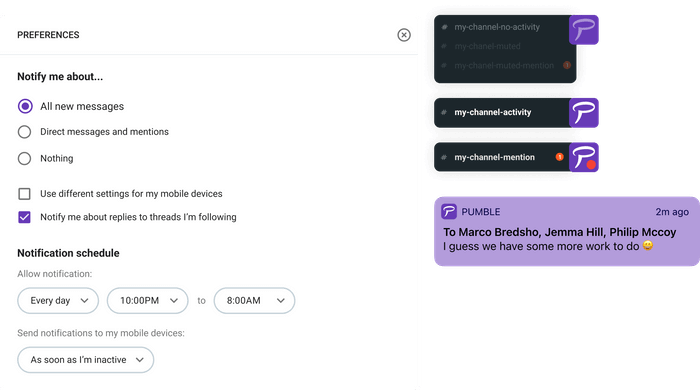 Setting notification preferences in Pumble business messaging app