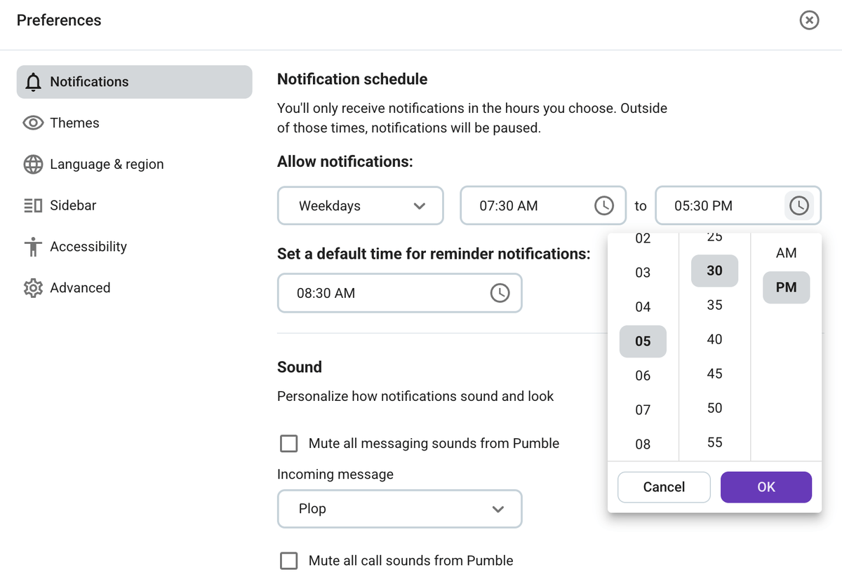 Setting your own notification schedule in Pumble