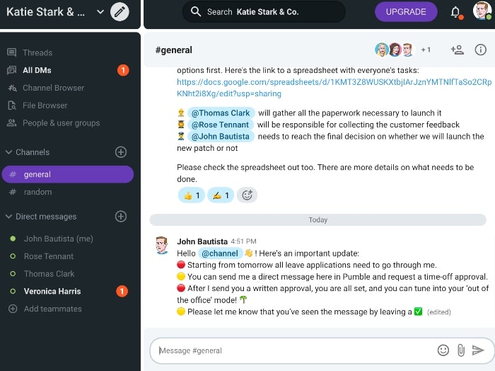 Sharing important updates with your team in Pumble, a free team messaging app