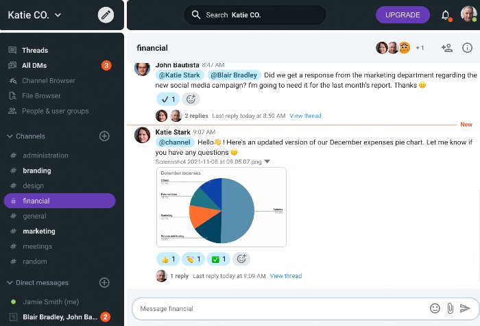 You can share the latest updates in a form of a pie chart (Pumble business messaging app)