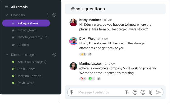 #ask-questions channel in Pumble business messaging app