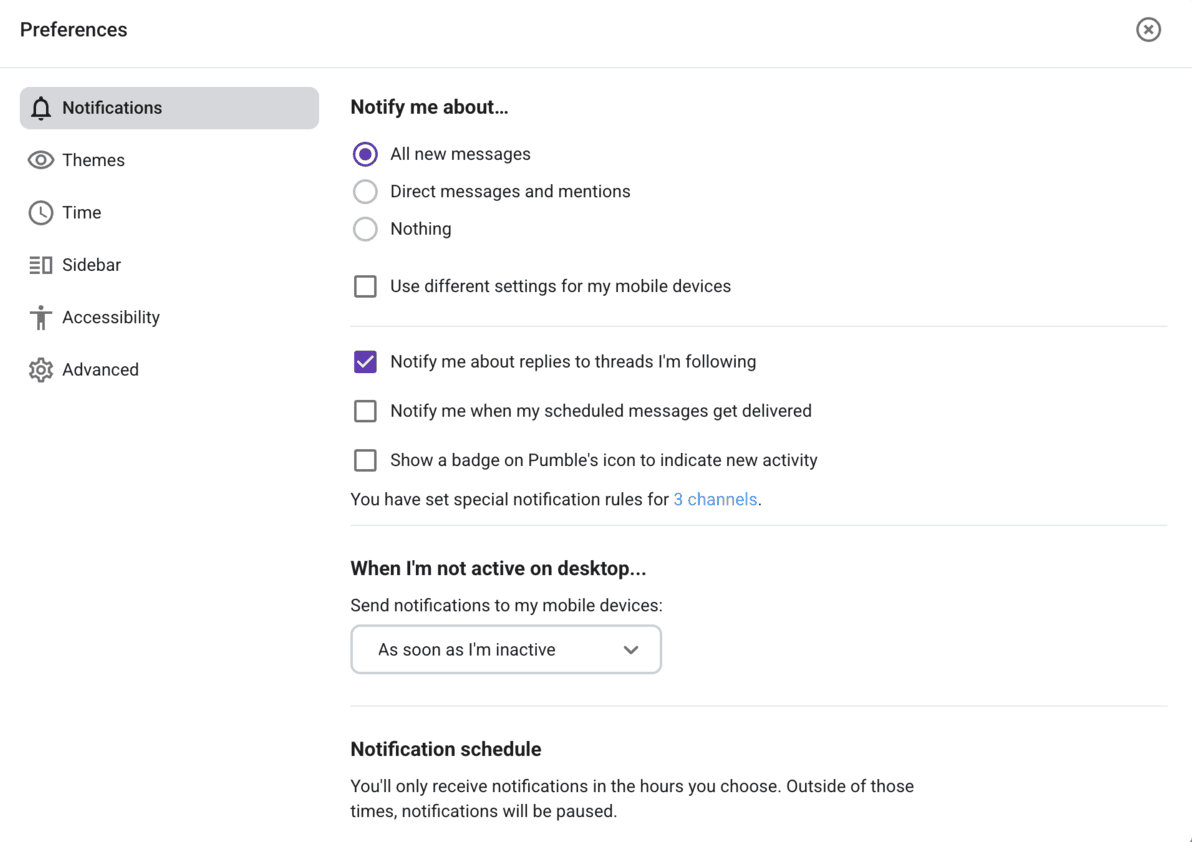 Notification settings in Pumble