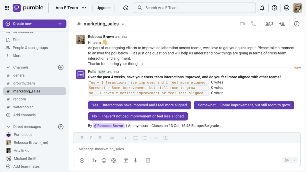 Check your teams’ pulse using polls in Pumble