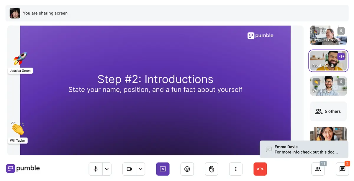 A manager gives everyone a chance to introduce themselves during an online workshop on Pumble, a team communication app