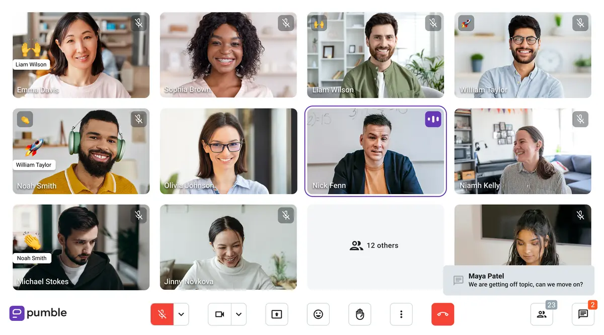 A manager gives everyone a chance to introduce themselves during an online workshop on Pumble, a team communication app