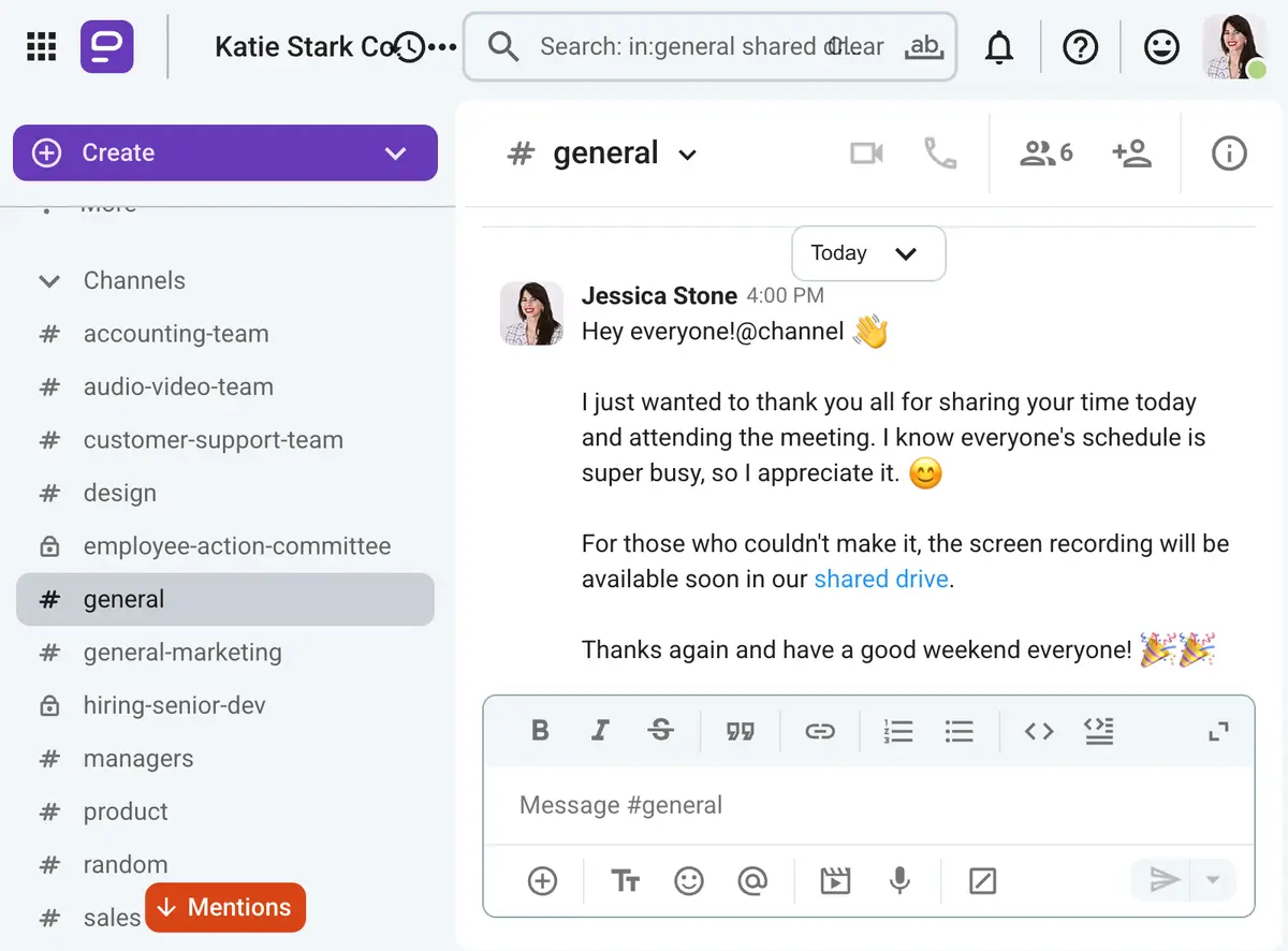 A meeting host thanks everyone for participating, shown on Pumble, a team communication app