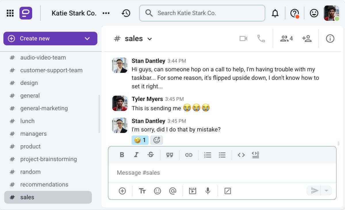An example of miscommunication caused by generational differences, shown in Pumble, a team communication app