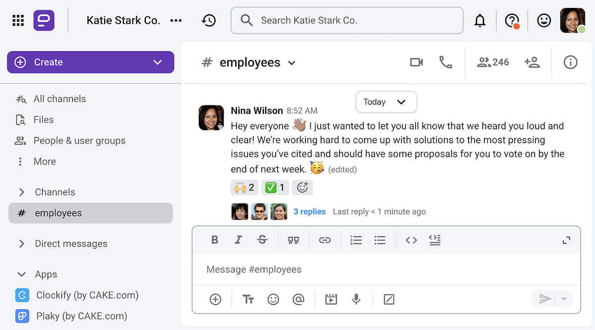 An HR professional updates employees about the results of their feedback on Pumble, a team communication app