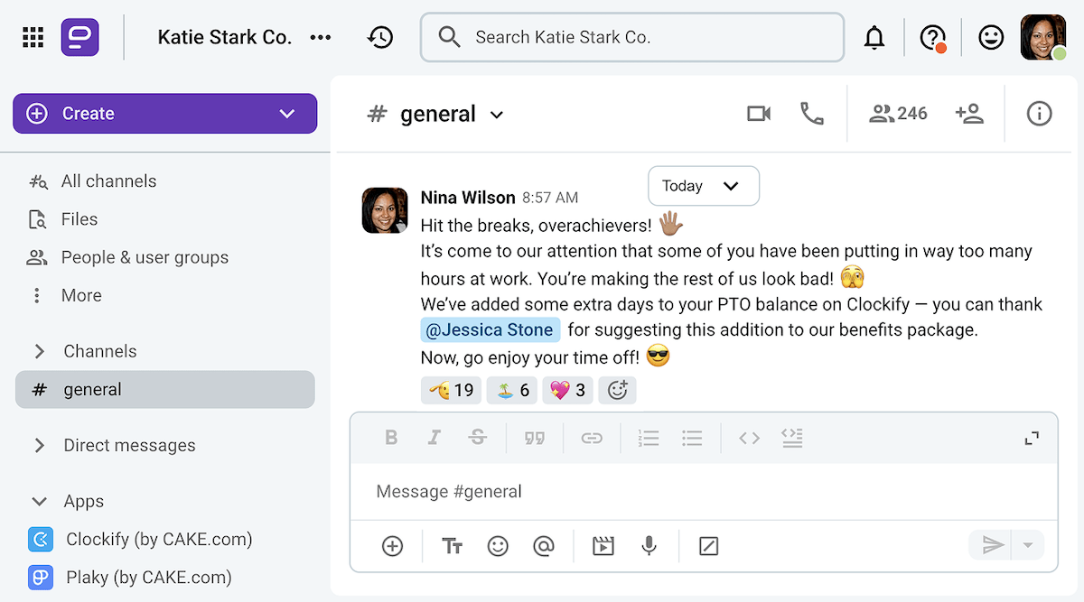 An employee’s suggestion gets recognition on Pumble, a business messaging app