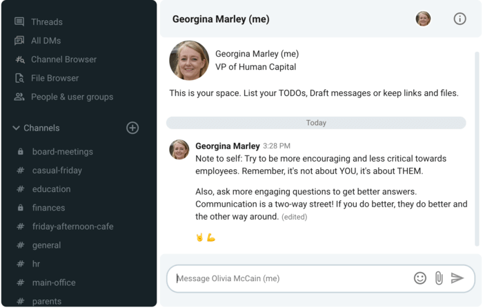 An example of a VP reminding herself to be more respectful to her colleagues (Pumble business messaging app)