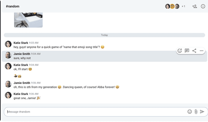 An example of a conversation in the #random channel in Pumble (business messaging app)