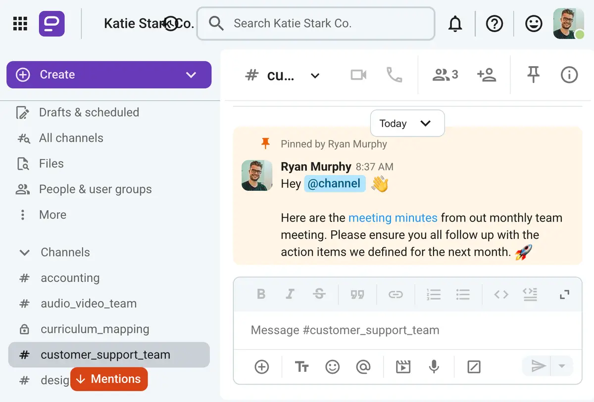 An example of a pinned message in a channel on Pumble, a team communication app