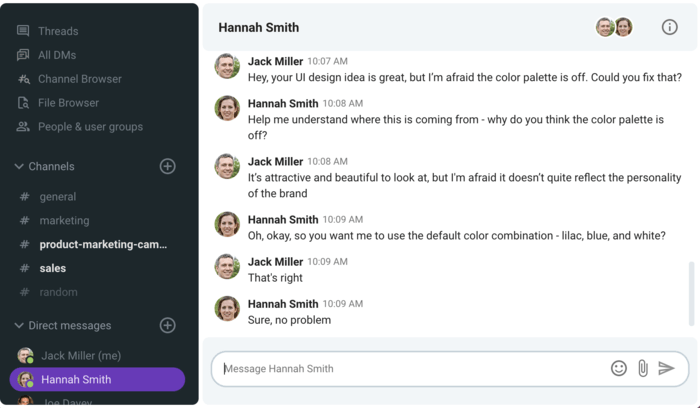 Carefully-worded question exchange between two team members (Pumble team messaging app)