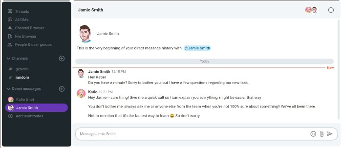 Example of positive communication in Pumble, a team messaging app