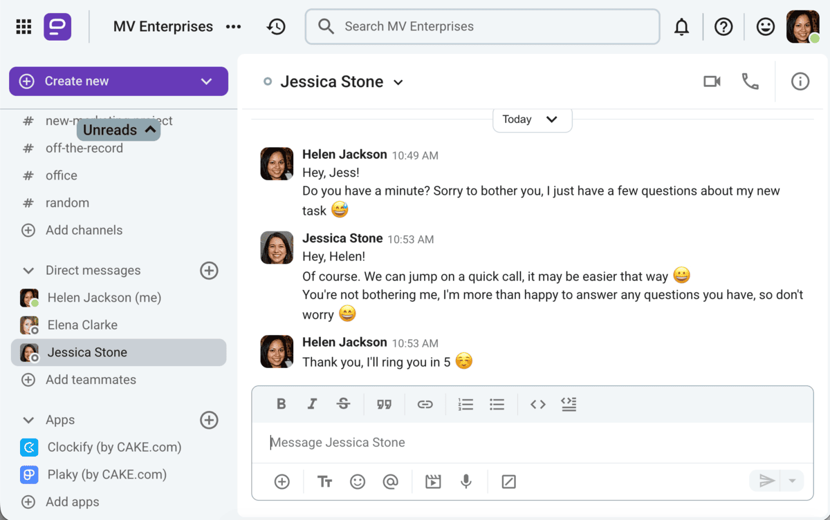 Example of positive communication in Pumble, a team communication app