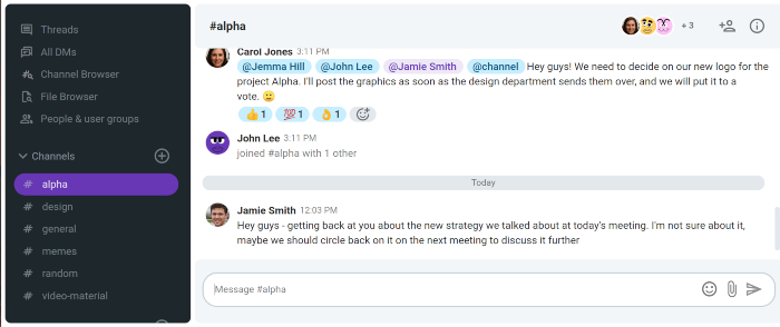 Example of using buzzwords in a team discussion in Pumble, business messaging app