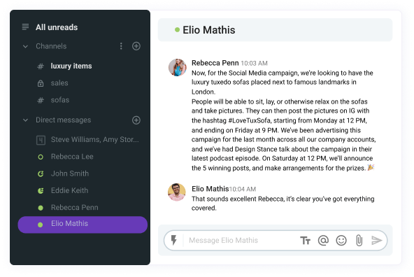 Example of manager giving positive feedback via Pumble