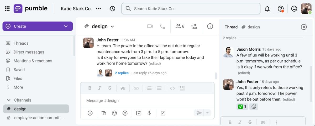 An example of an announcement with immediate feedback in Pumble, a team communication app