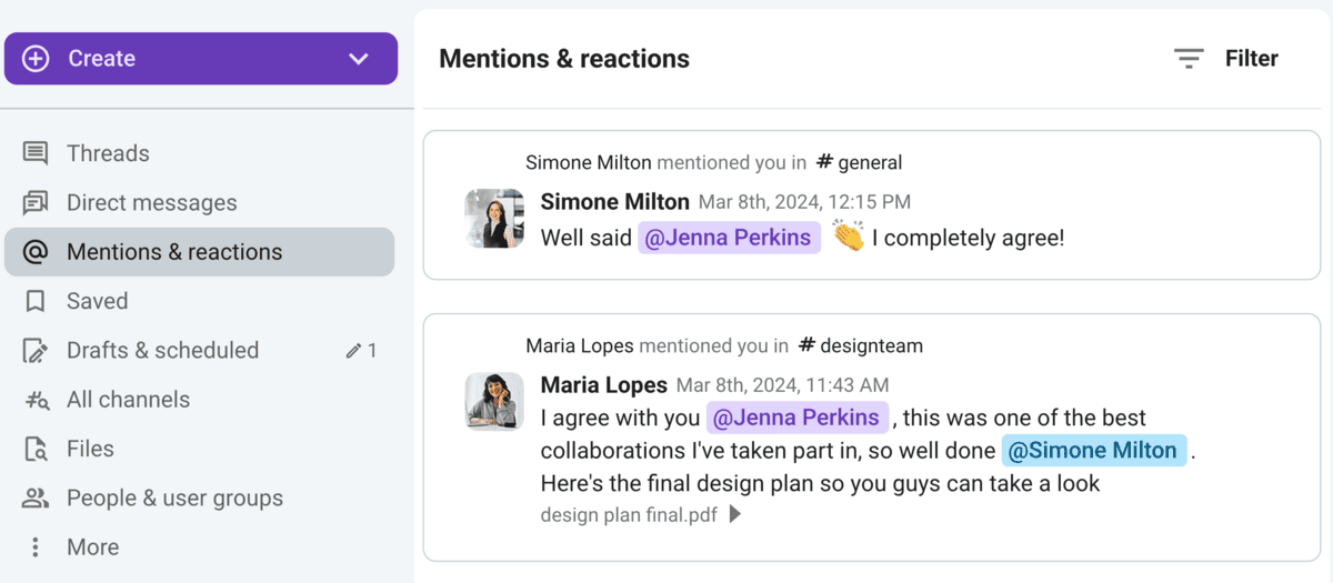 In employee communication apps like Pumble, mentions make sure no ping goes unnoticed