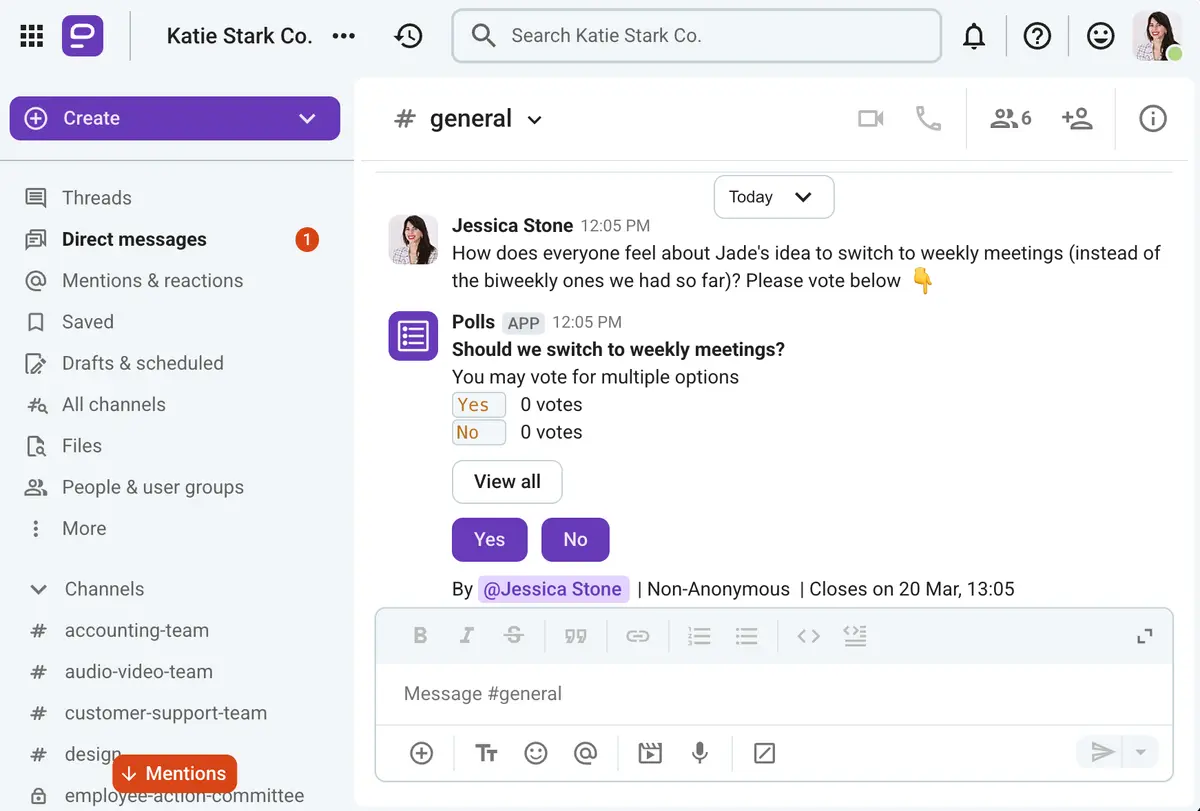 Meeting participants take a vote on an idea after the meeting, shown in Pumble, a business communication app