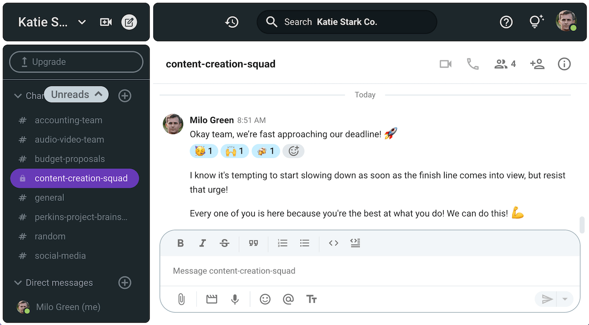 Pep talks are a classic example of the motivating leadership communication style, as seen in these messages sent on Pumble, a team collaboration app