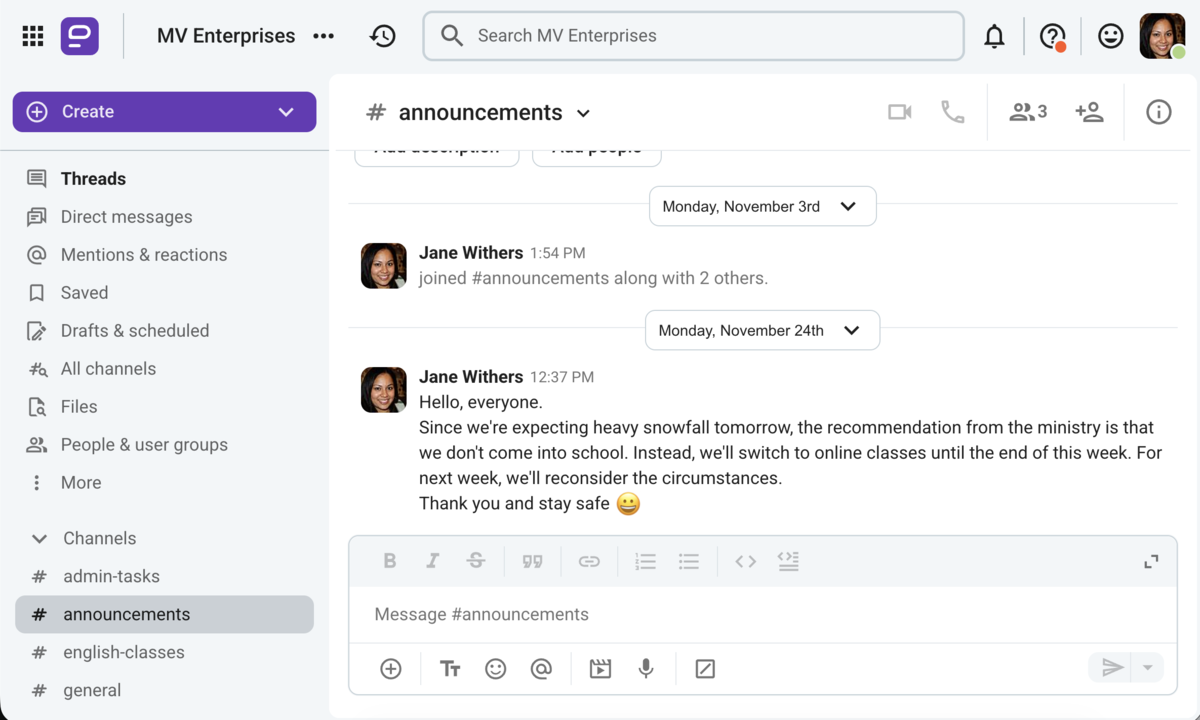 Announcement channel in Pumble