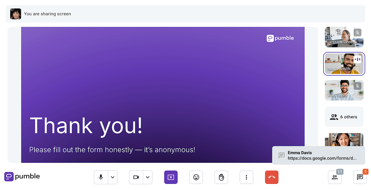 Sharing a post-event form in a video call on Pumble, a team communication app