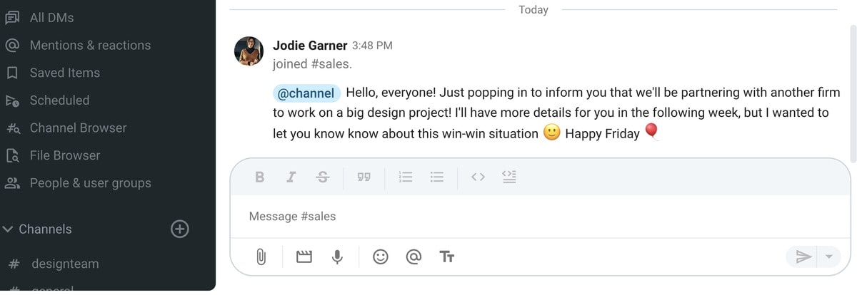 Sharing a win-win situation with coworkers via Pumble, a business communication app -min
