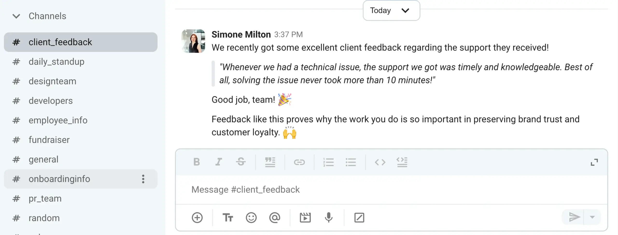 Sharing client feedback in a team channel